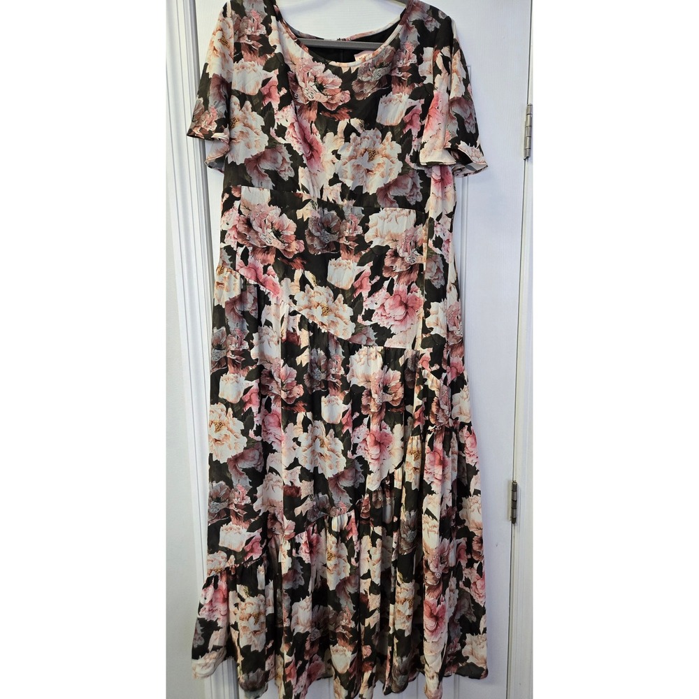 Black Label by Chico's Floral Peony Tiered Maxi Dress Black Pink Size 14